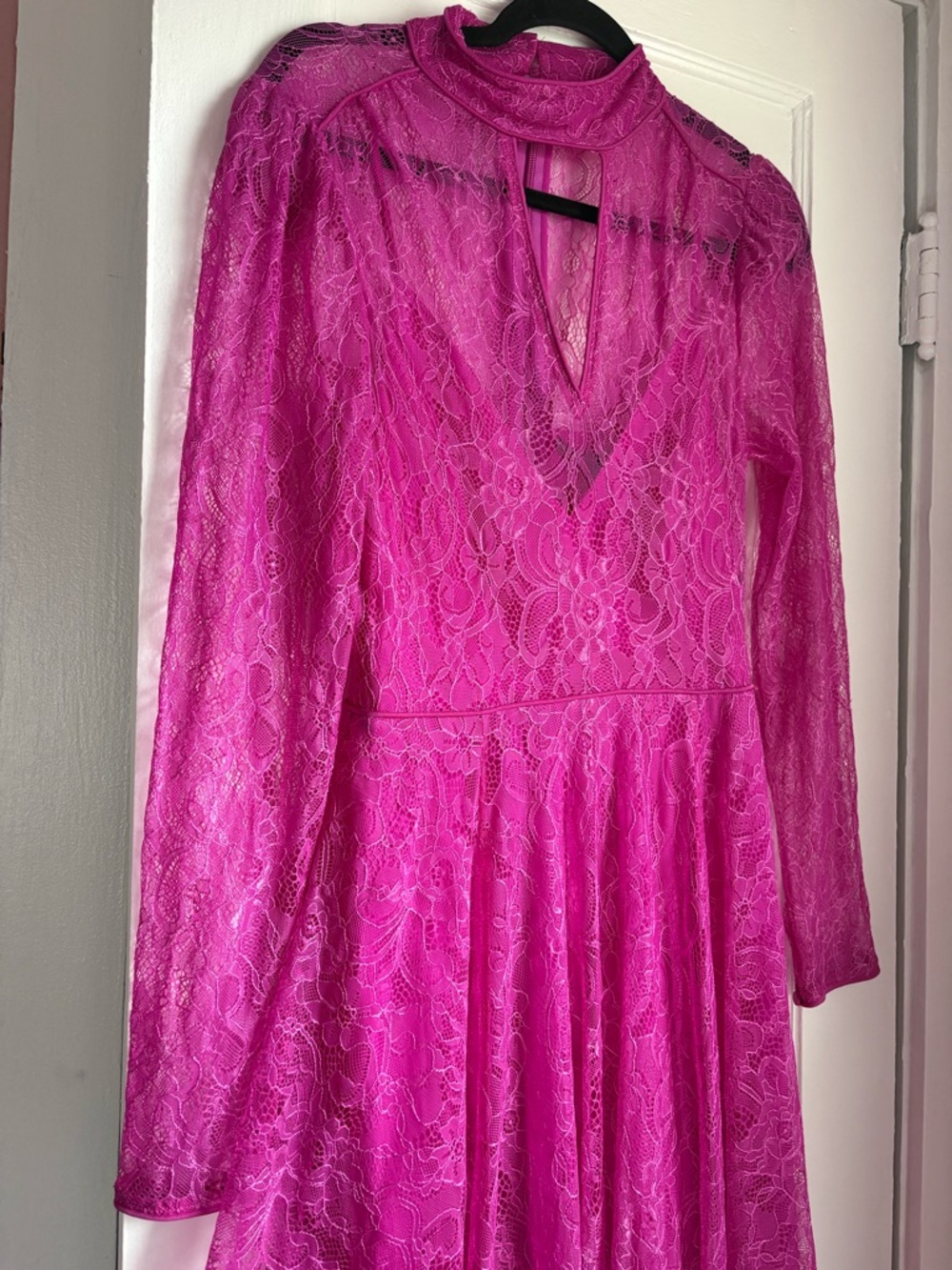 NWT BCBGMAXAZRIA Magenta Pink Lace Cutout Asymmetrical Midi Dress Size 8 - Picture 4 of 8